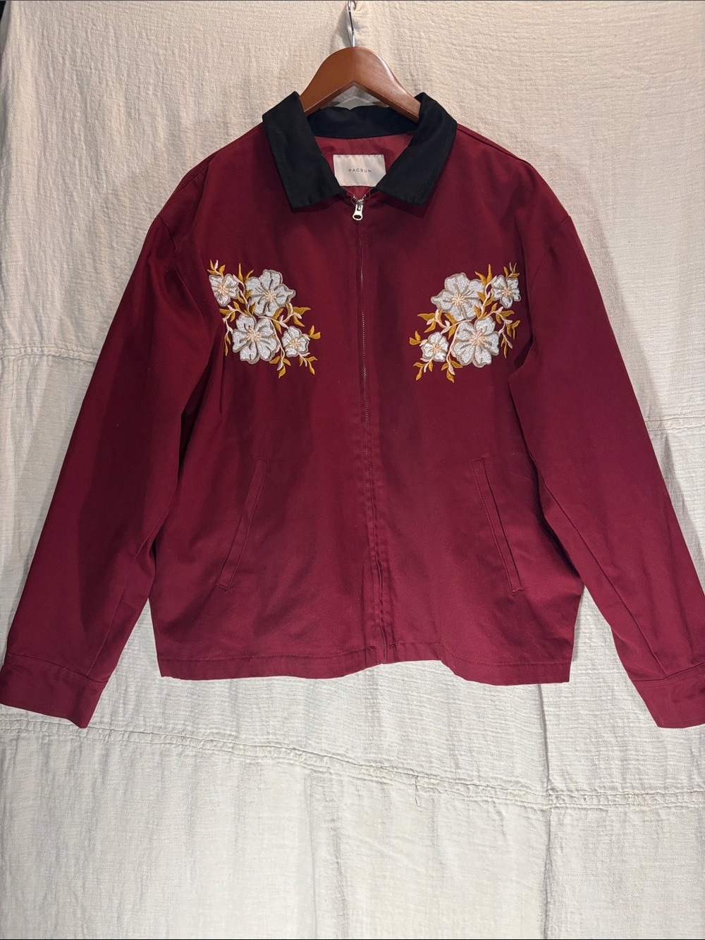 PacSun Burgundy Magnolia Floral Gas Jacket 100% Cotton Vintage Style Embroidery